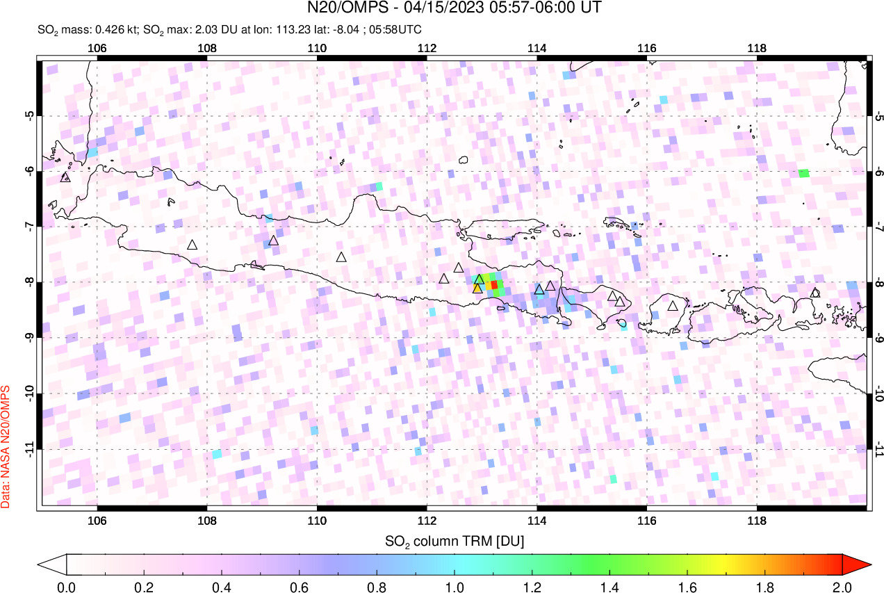A sulfur dioxide image over Java, Indonesia on Apr 15, 2023.
