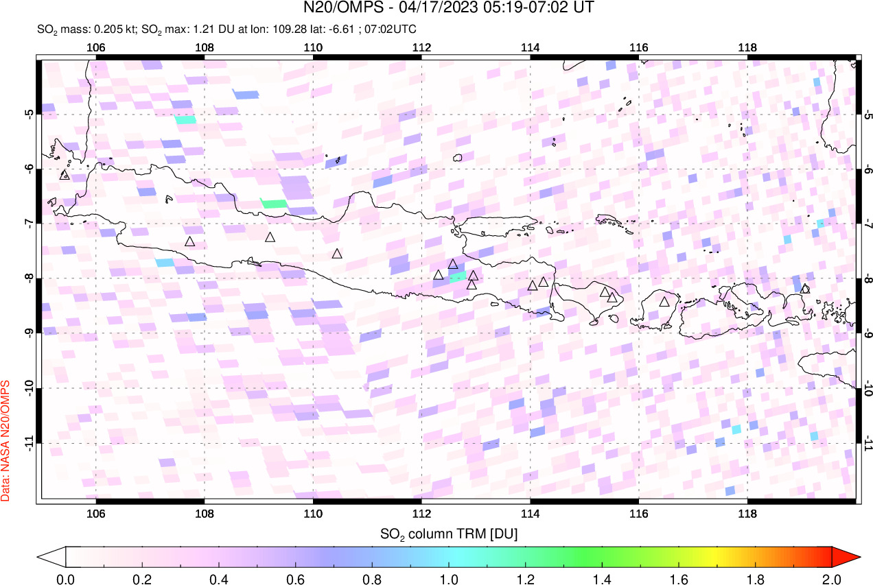 A sulfur dioxide image over Java, Indonesia on Apr 17, 2023.