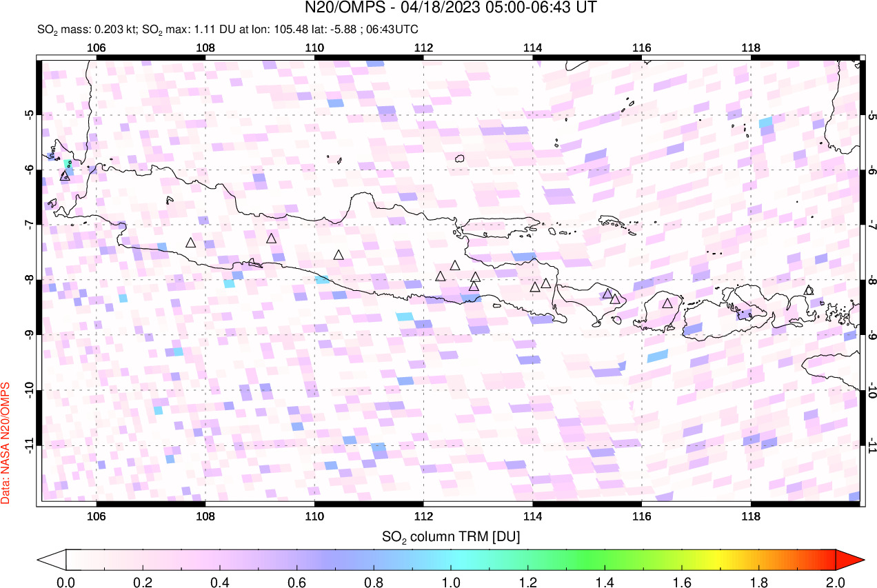 A sulfur dioxide image over Java, Indonesia on Apr 18, 2023.