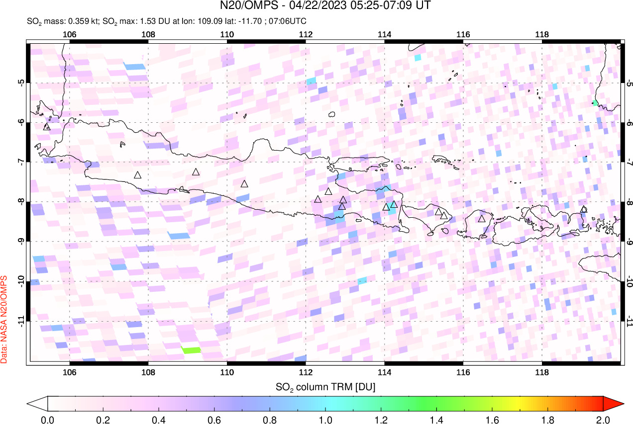 A sulfur dioxide image over Java, Indonesia on Apr 22, 2023.
