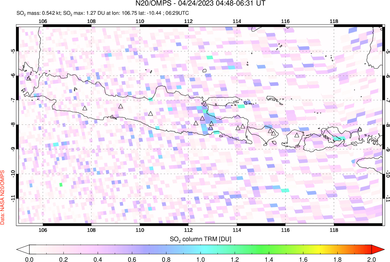 A sulfur dioxide image over Java, Indonesia on Apr 24, 2023.