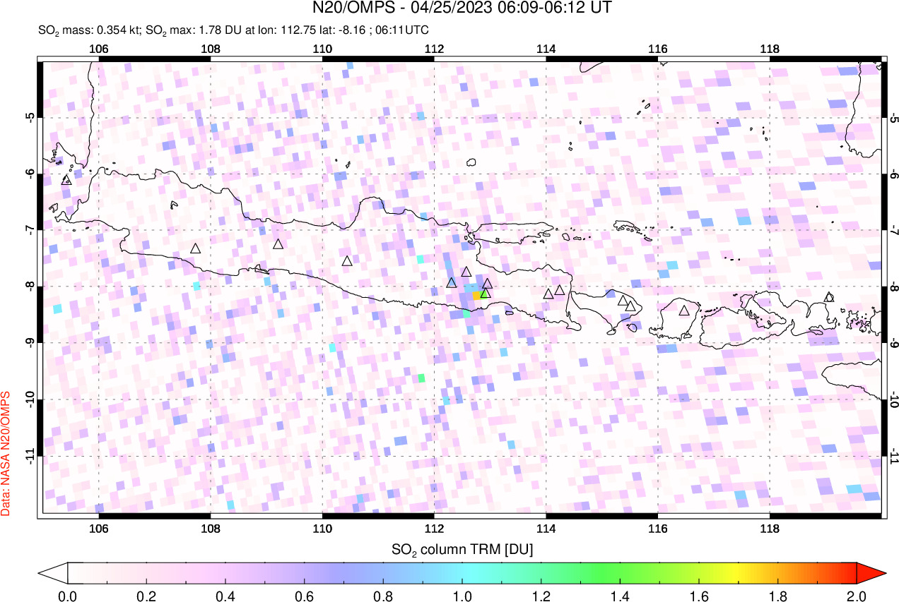 A sulfur dioxide image over Java, Indonesia on Apr 25, 2023.