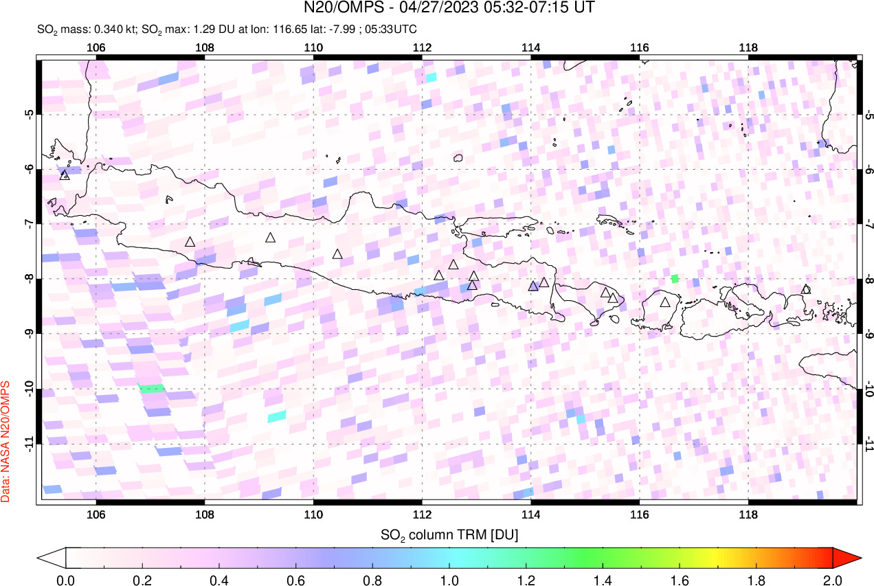 A sulfur dioxide image over Java, Indonesia on Apr 27, 2023.