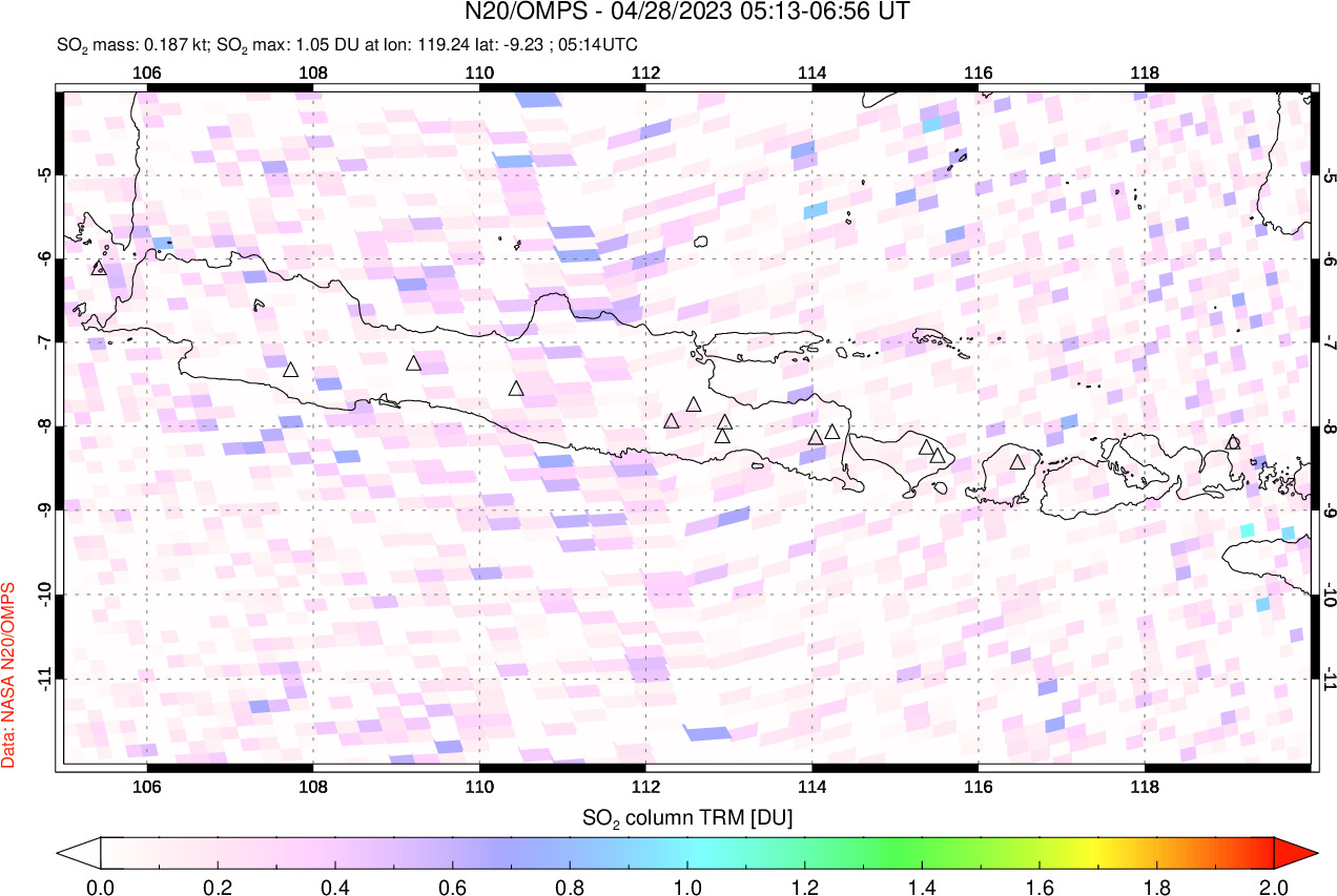 A sulfur dioxide image over Java, Indonesia on Apr 28, 2023.
