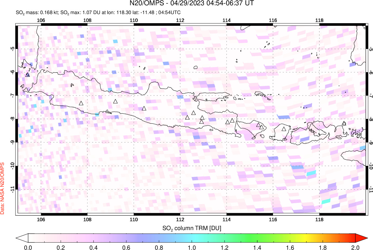 A sulfur dioxide image over Java, Indonesia on Apr 29, 2023.