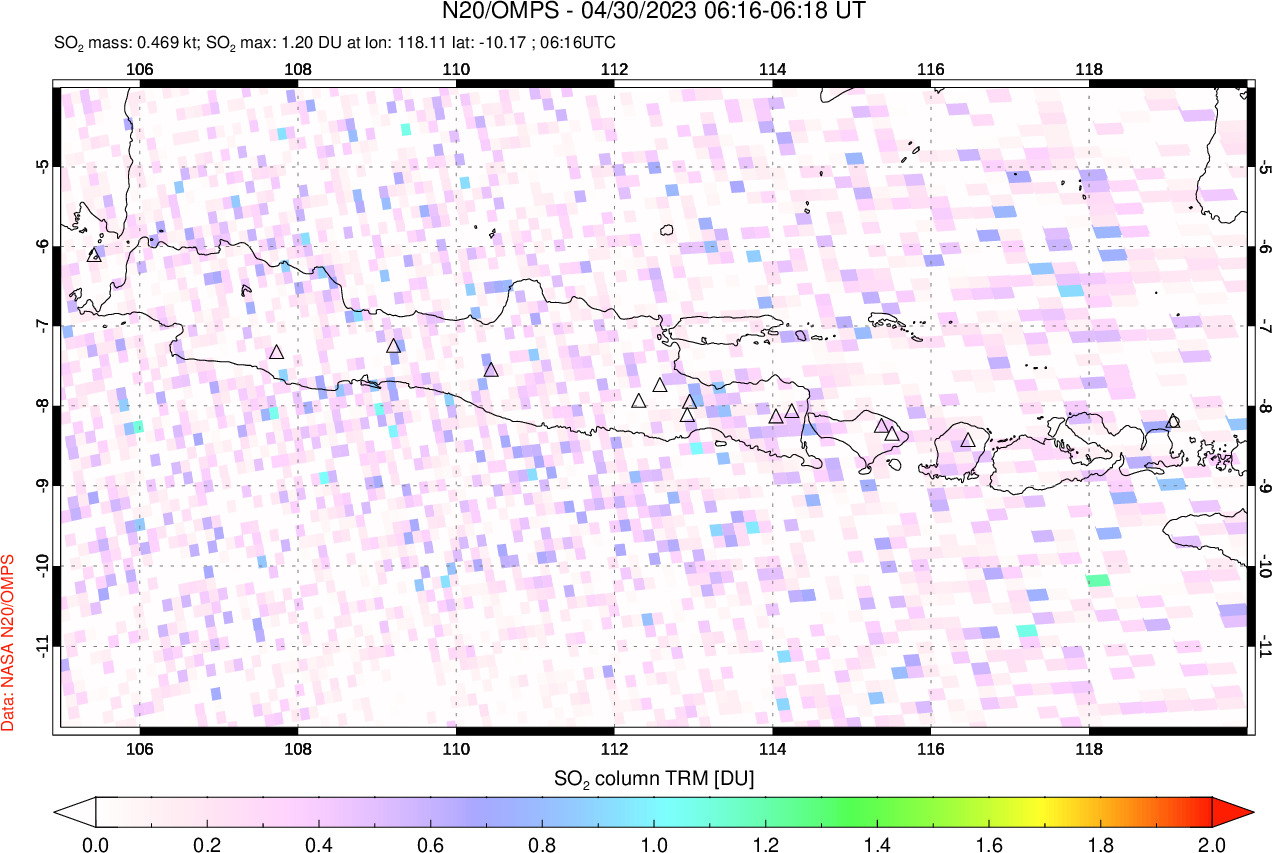 A sulfur dioxide image over Java, Indonesia on Apr 30, 2023.