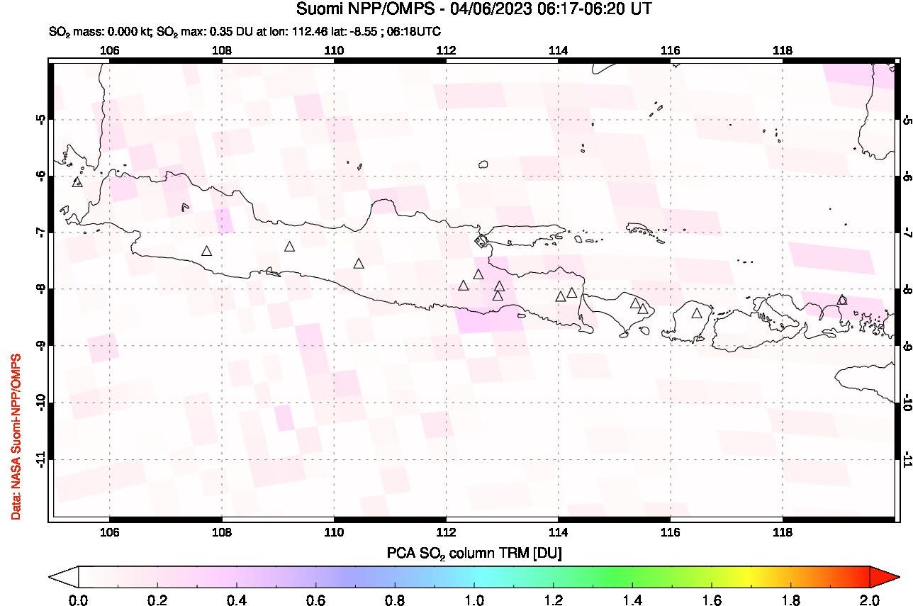 A sulfur dioxide image over Java, Indonesia on Apr 06, 2023.