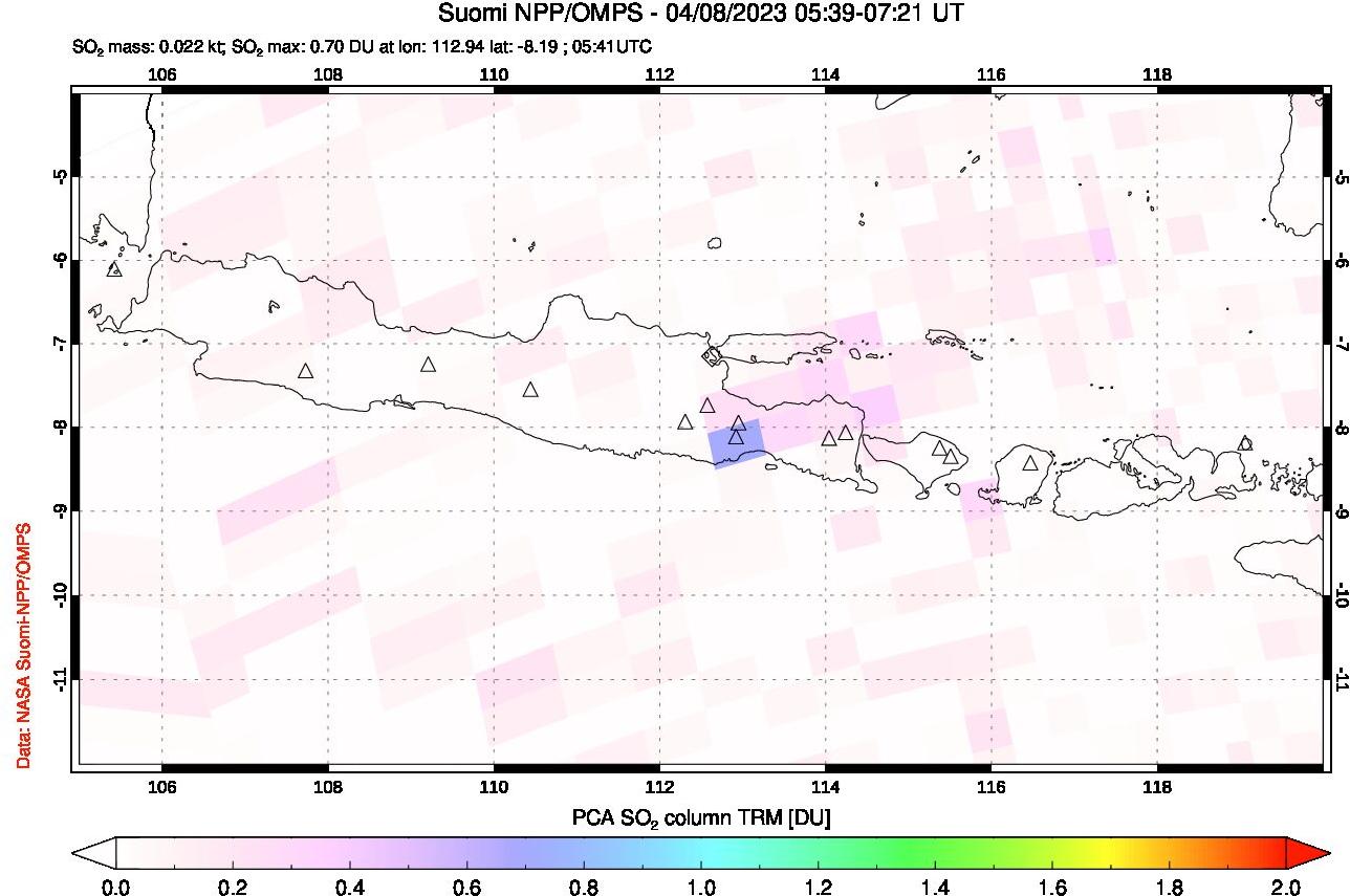 A sulfur dioxide image over Java, Indonesia on Apr 08, 2023.