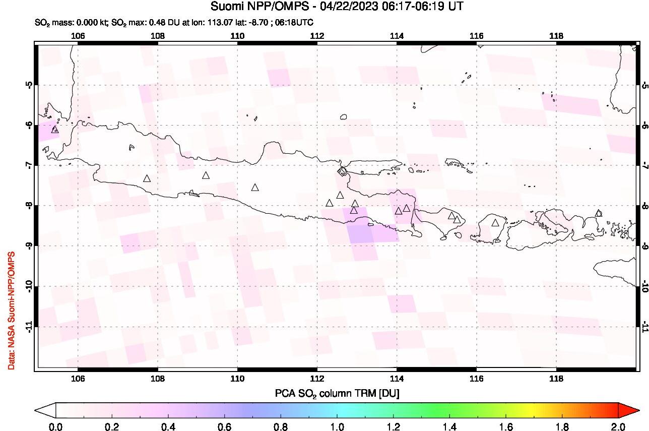 A sulfur dioxide image over Java, Indonesia on Apr 22, 2023.