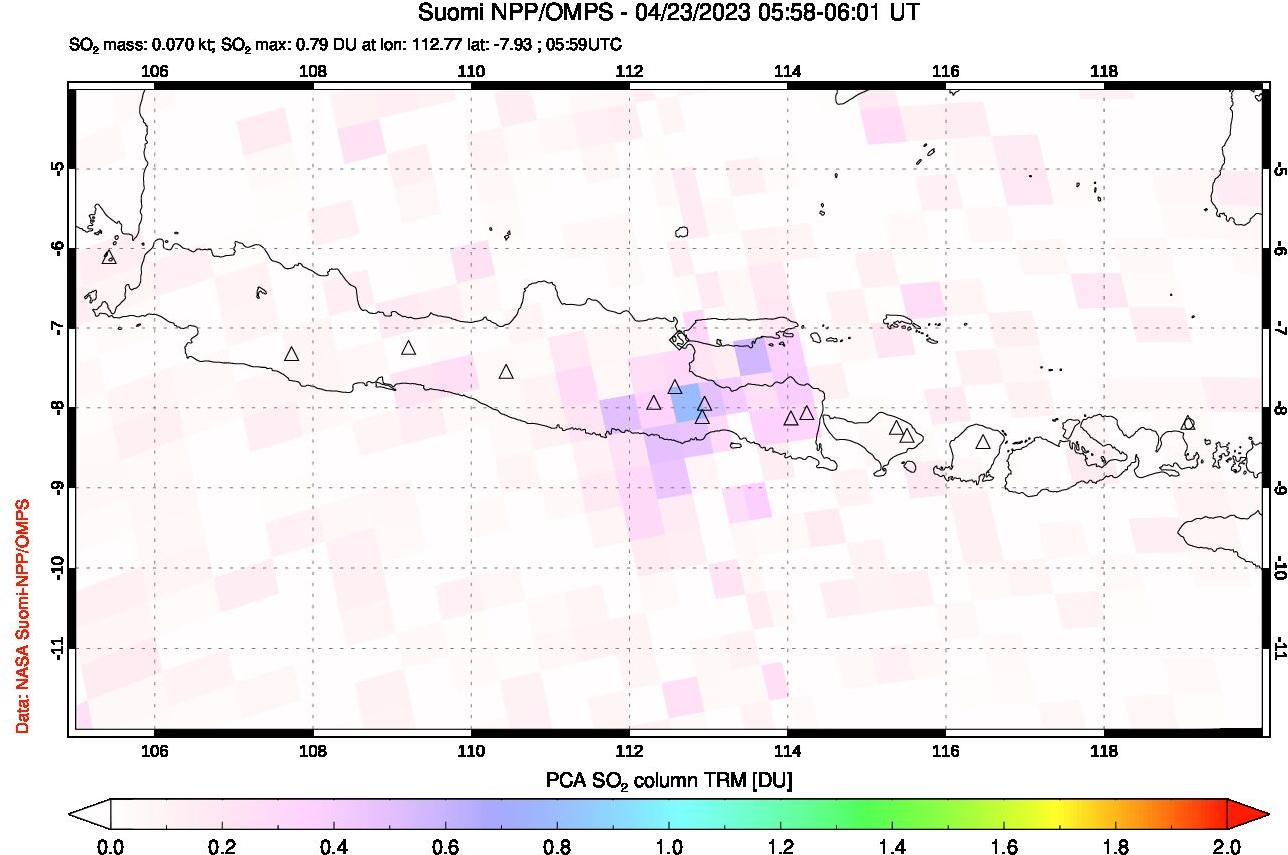 A sulfur dioxide image over Java, Indonesia on Apr 23, 2023.