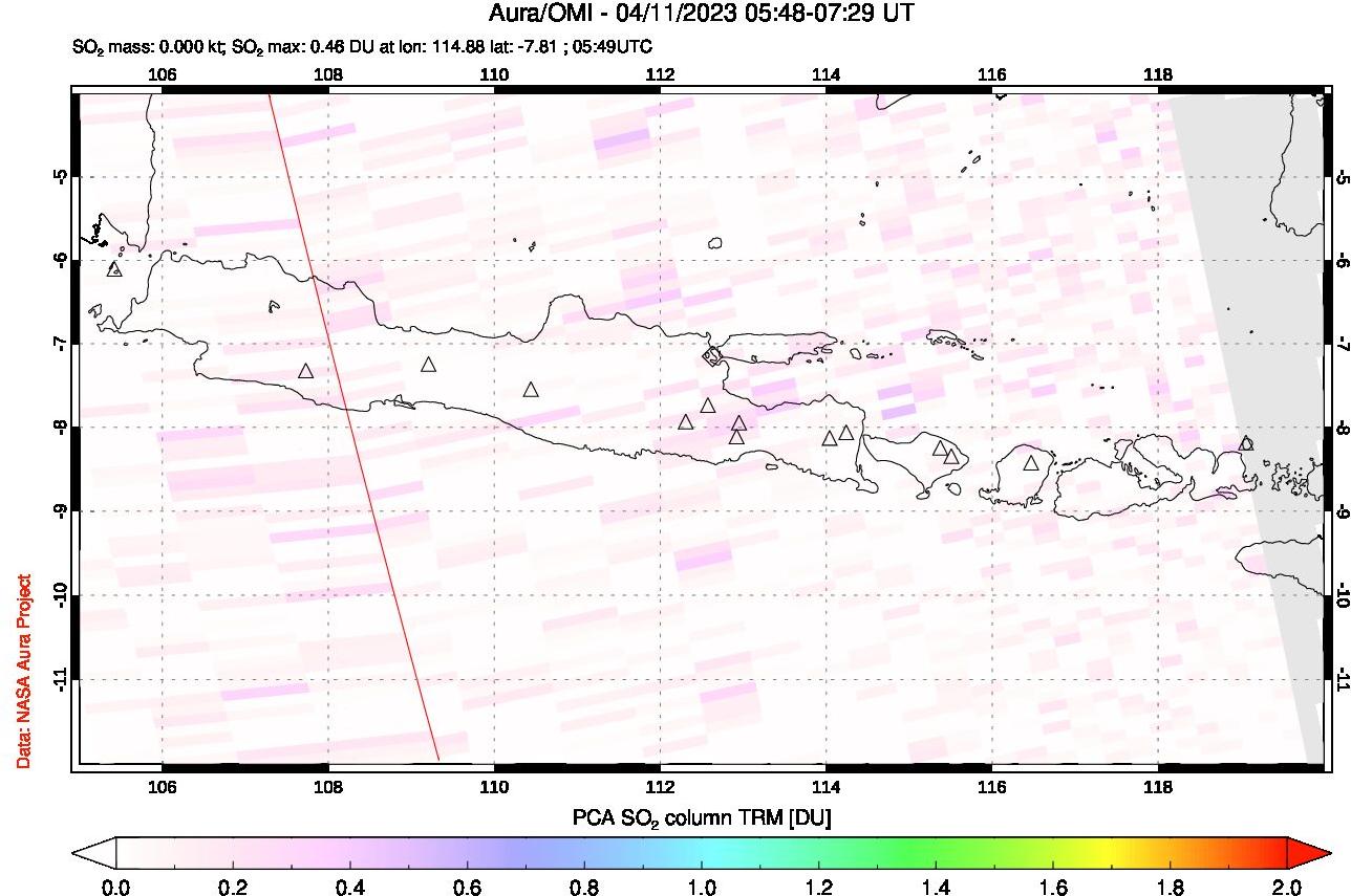 A sulfur dioxide image over Java, Indonesia on Apr 11, 2023.