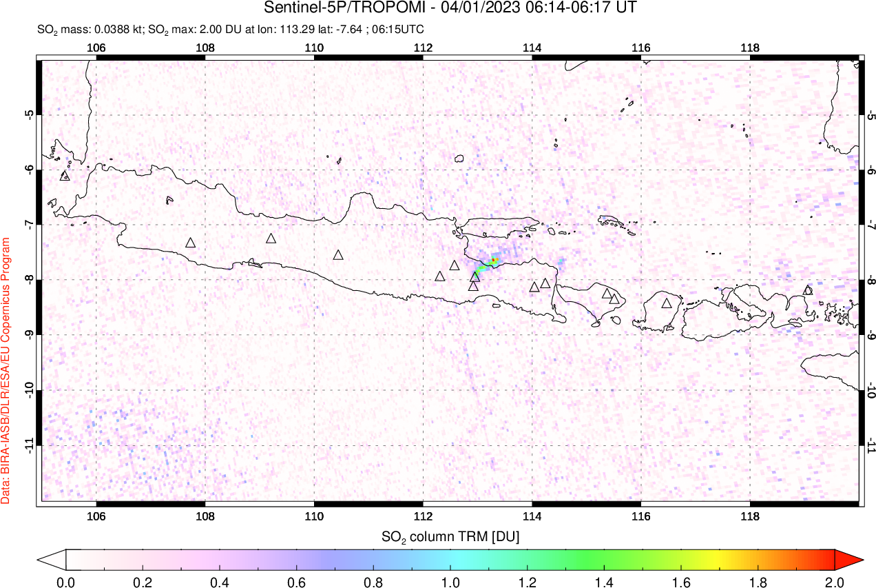 A sulfur dioxide image over Java, Indonesia on Apr 01, 2023.