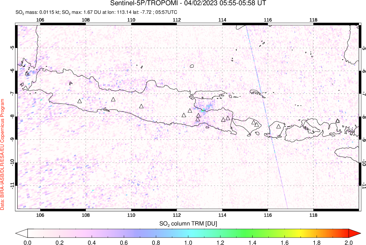 A sulfur dioxide image over Java, Indonesia on Apr 02, 2023.