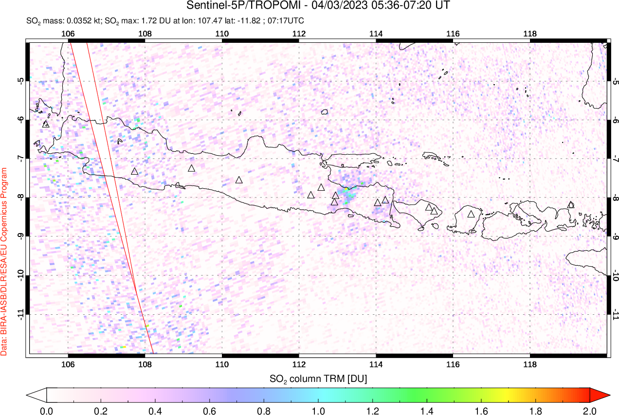 A sulfur dioxide image over Java, Indonesia on Apr 03, 2023.