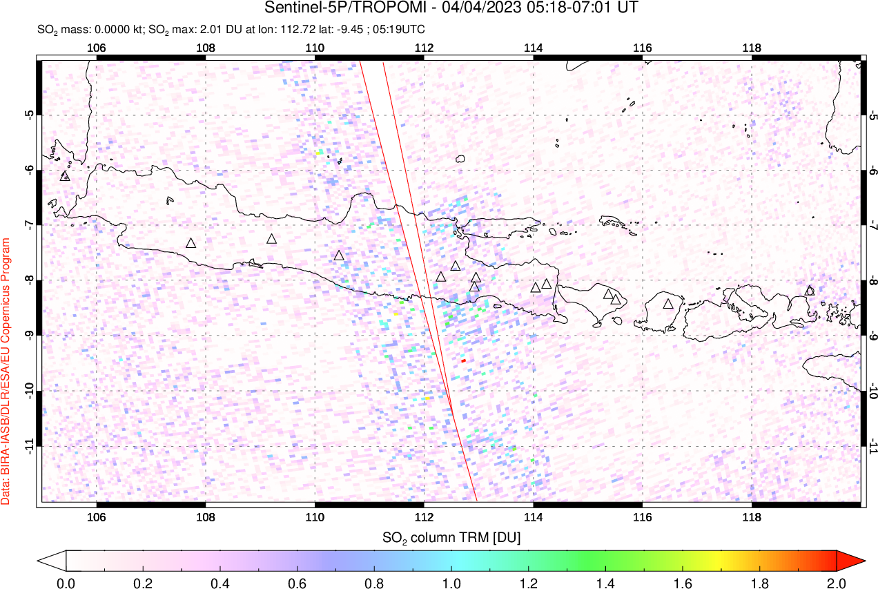 A sulfur dioxide image over Java, Indonesia on Apr 04, 2023.