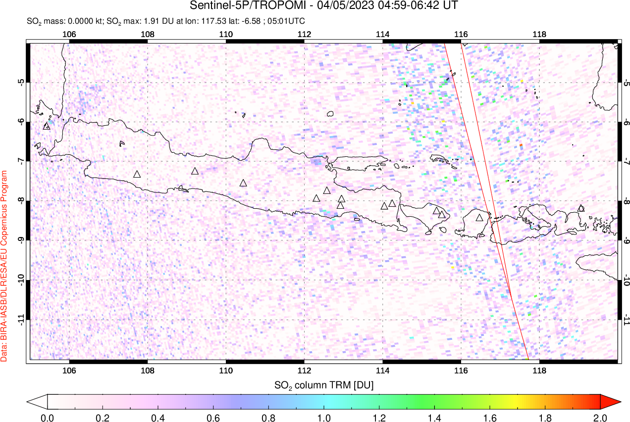 A sulfur dioxide image over Java, Indonesia on Apr 05, 2023.
