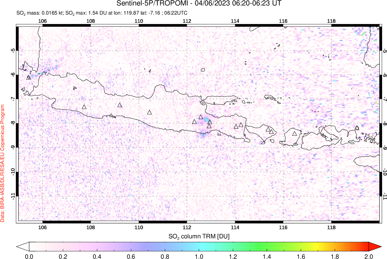 A sulfur dioxide image over Java, Indonesia on Apr 06, 2023.