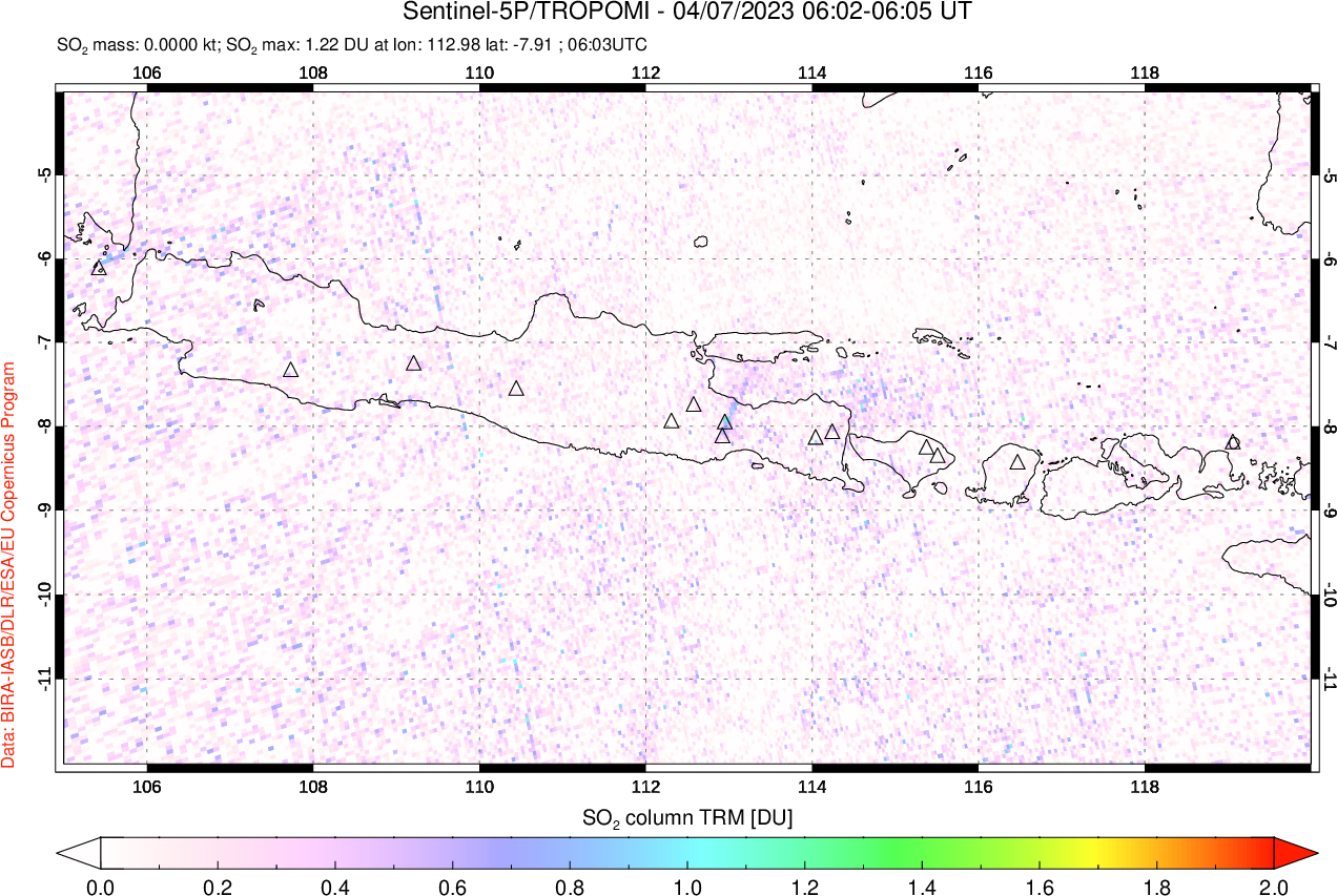 A sulfur dioxide image over Java, Indonesia on Apr 07, 2023.