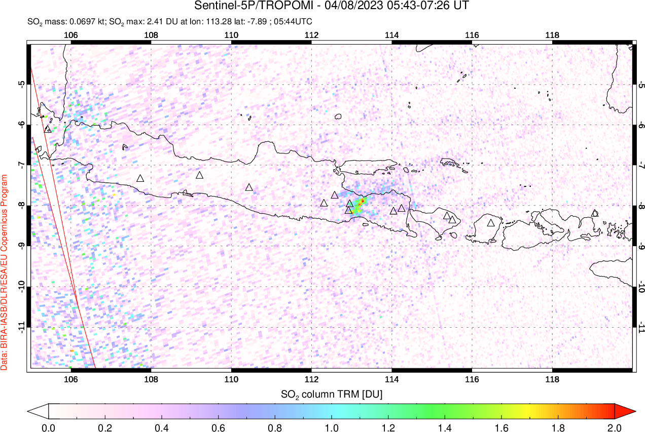 A sulfur dioxide image over Java, Indonesia on Apr 08, 2023.