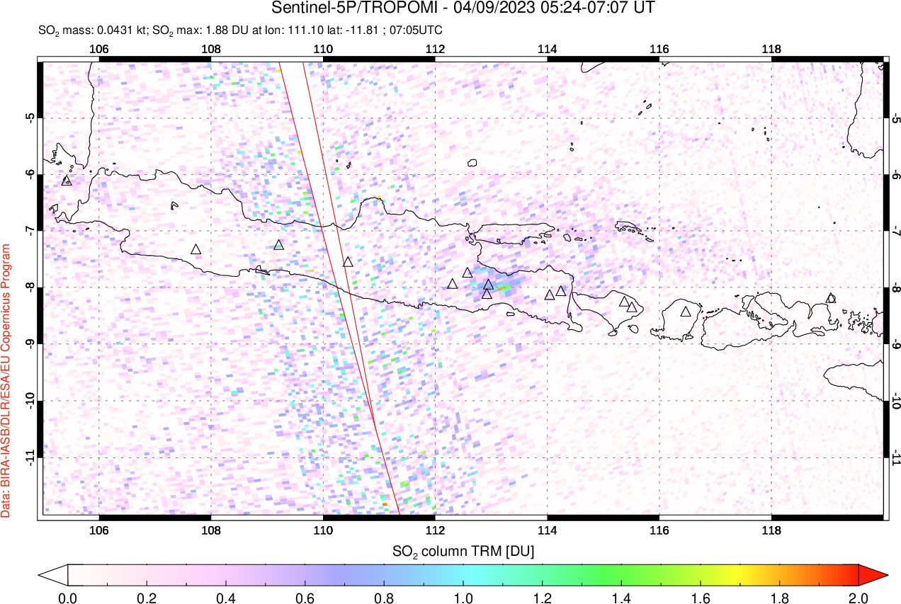 A sulfur dioxide image over Java, Indonesia on Apr 09, 2023.