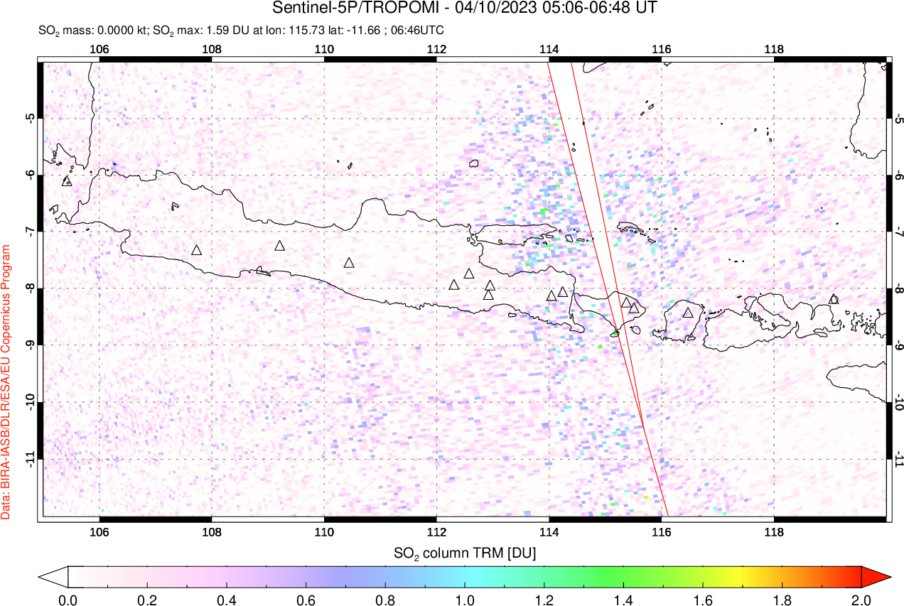 A sulfur dioxide image over Java, Indonesia on Apr 10, 2023.