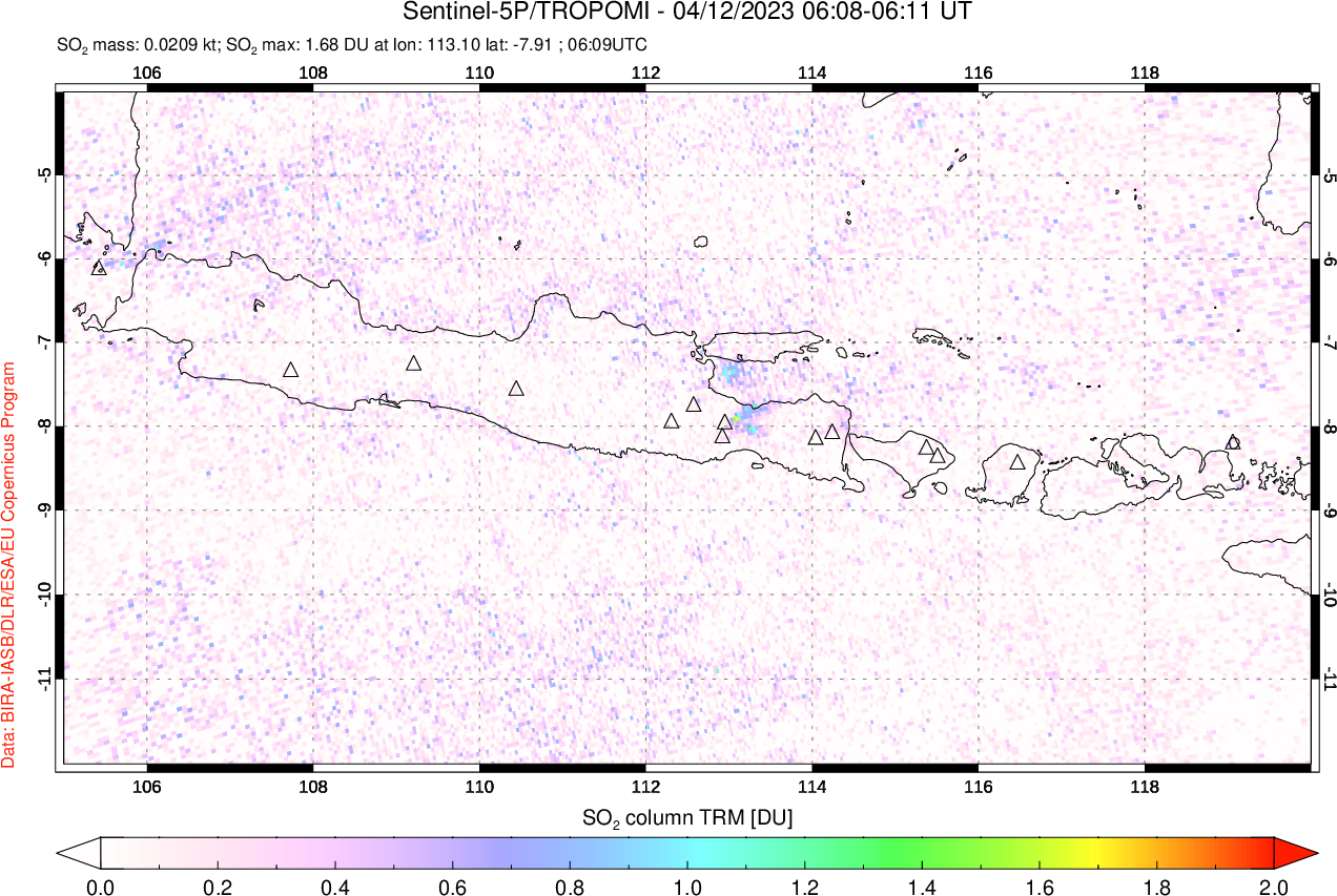 A sulfur dioxide image over Java, Indonesia on Apr 12, 2023.