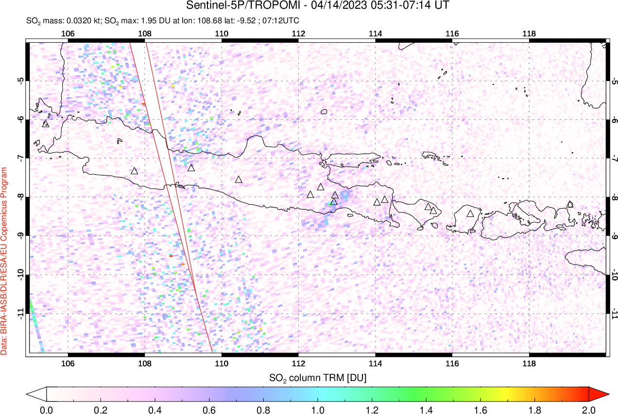 A sulfur dioxide image over Java, Indonesia on Apr 14, 2023.