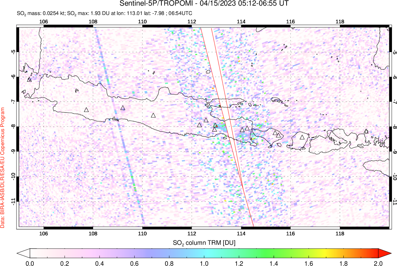 A sulfur dioxide image over Java, Indonesia on Apr 15, 2023.
