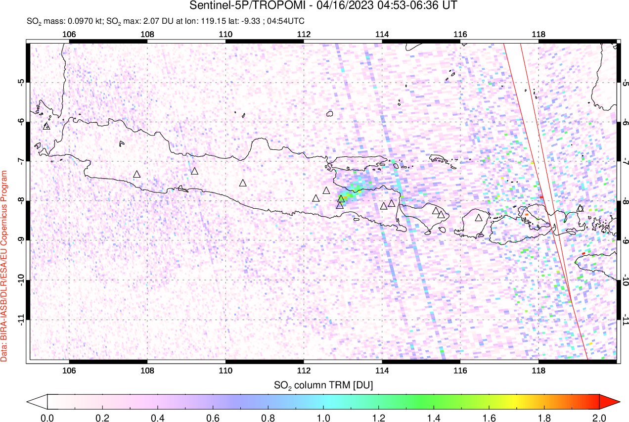 A sulfur dioxide image over Java, Indonesia on Apr 16, 2023.