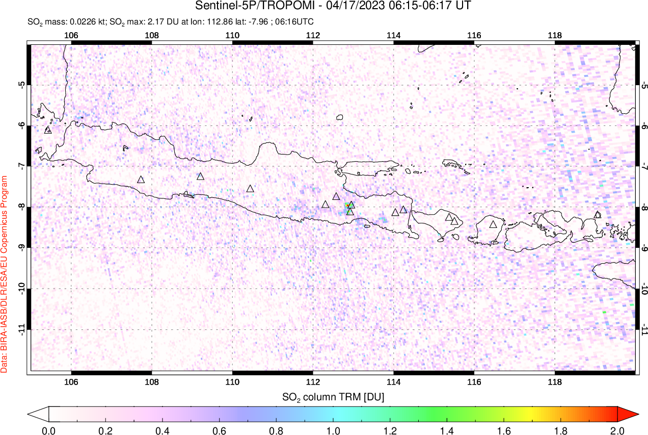A sulfur dioxide image over Java, Indonesia on Apr 17, 2023.