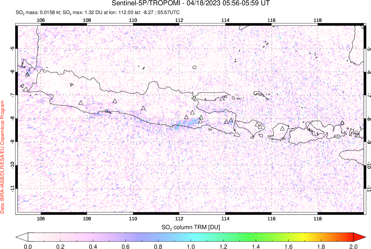 A sulfur dioxide image over Java, Indonesia on Apr 18, 2023.