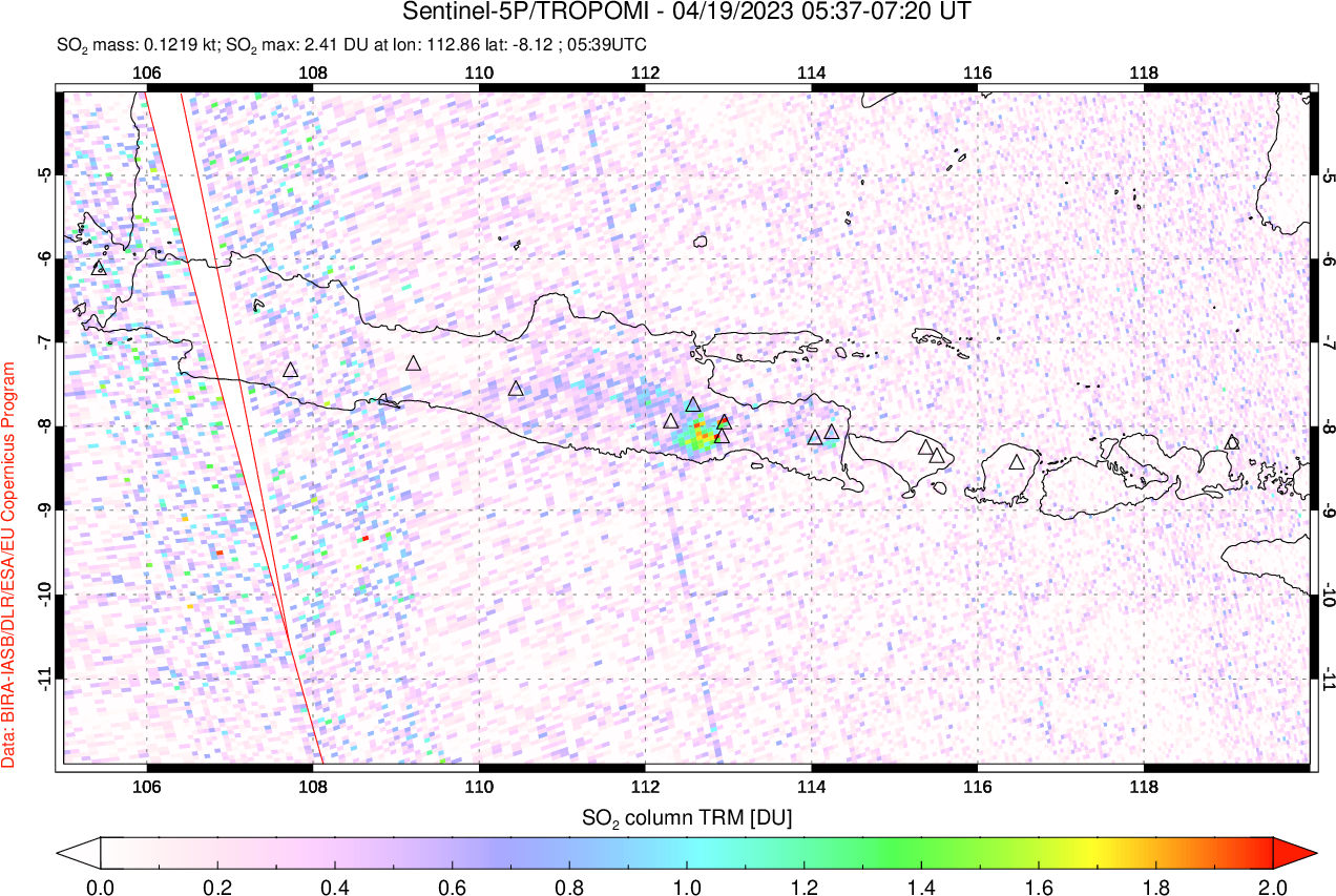 A sulfur dioxide image over Java, Indonesia on Apr 19, 2023.