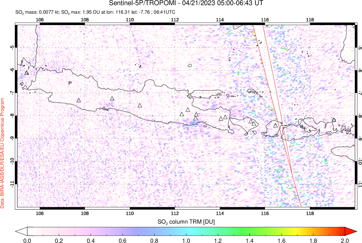 A sulfur dioxide image over Java, Indonesia on Apr 21, 2023.