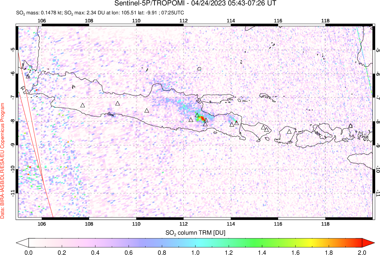 A sulfur dioxide image over Java, Indonesia on Apr 24, 2023.