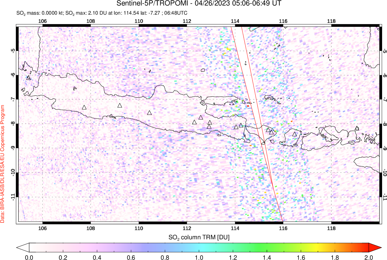 A sulfur dioxide image over Java, Indonesia on Apr 26, 2023.