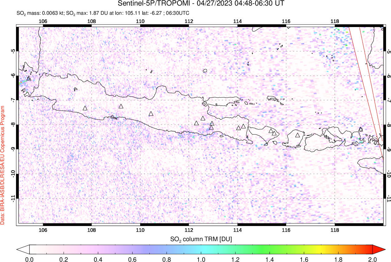 A sulfur dioxide image over Java, Indonesia on Apr 27, 2023.