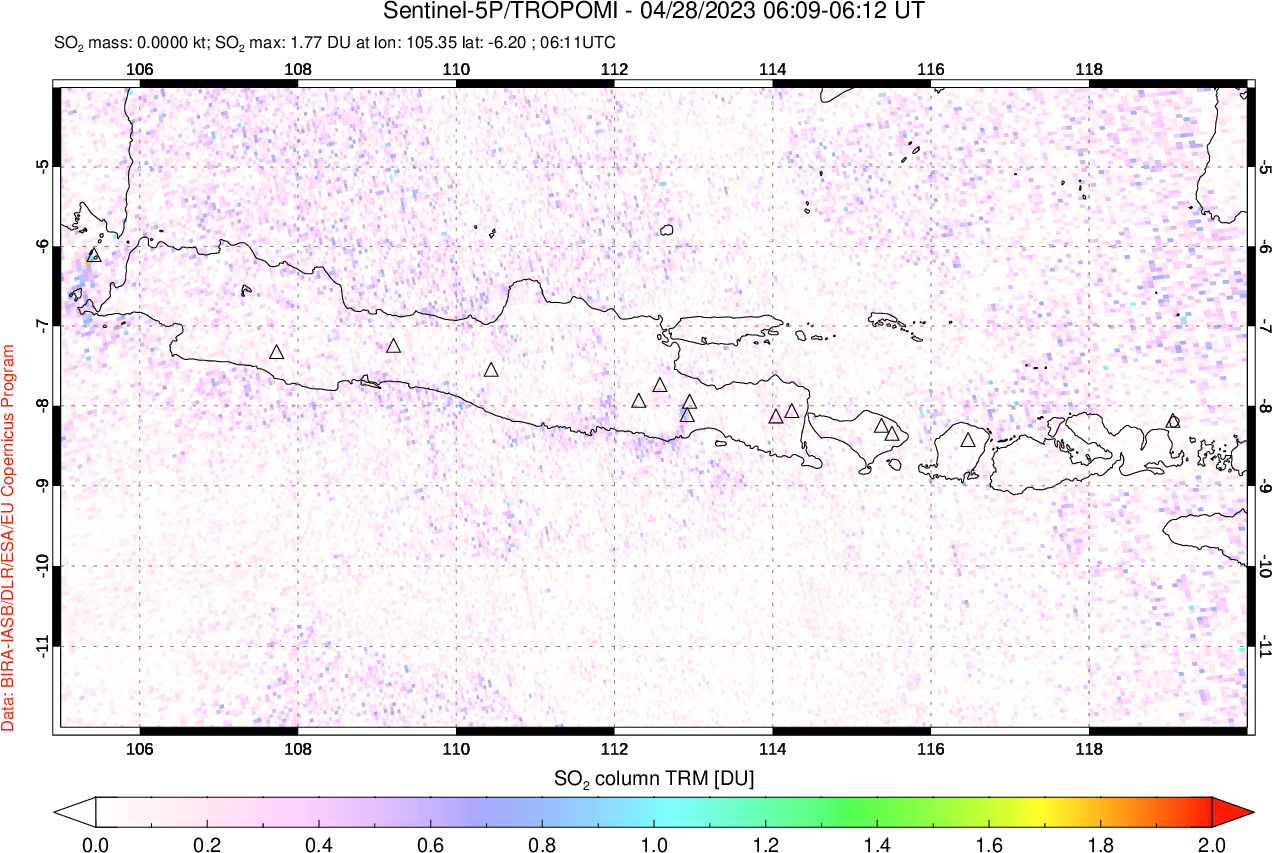 A sulfur dioxide image over Java, Indonesia on Apr 28, 2023.