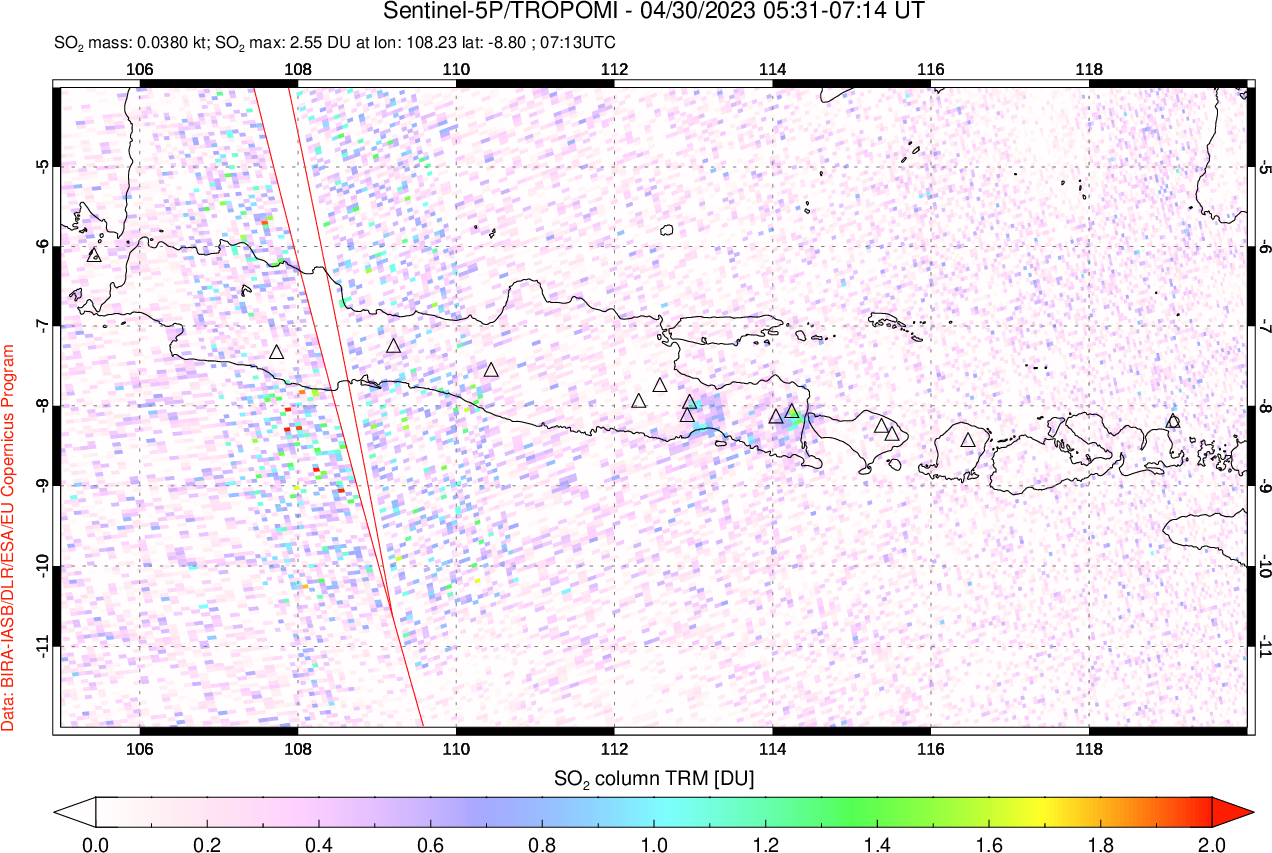 A sulfur dioxide image over Java, Indonesia on Apr 30, 2023.