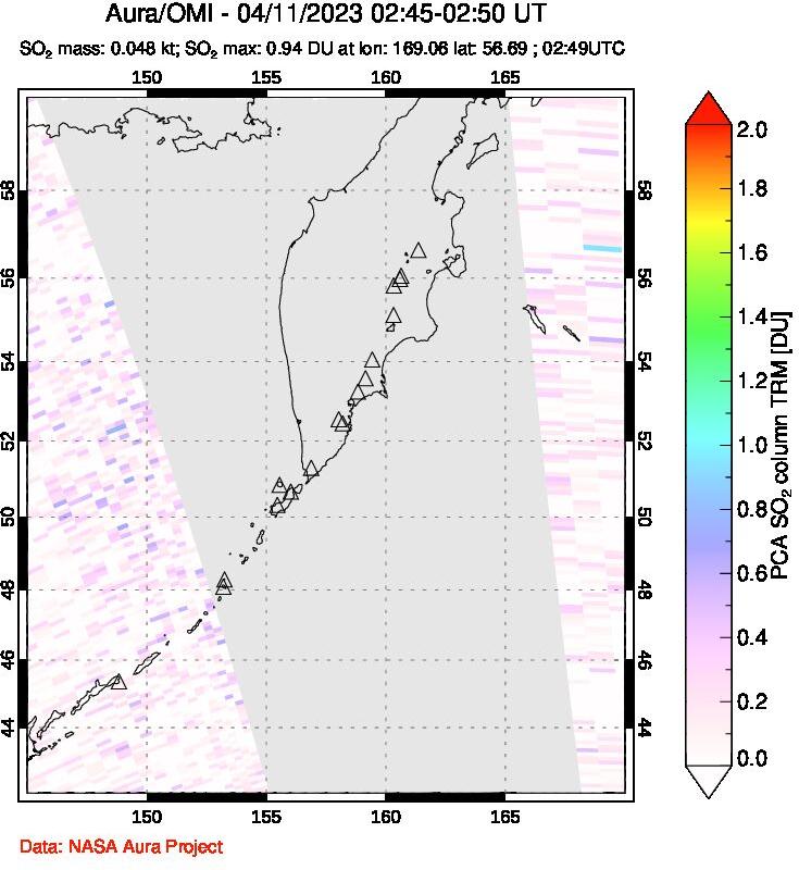 A sulfur dioxide image over Kamchatka, Russian Federation on Apr 11, 2023.