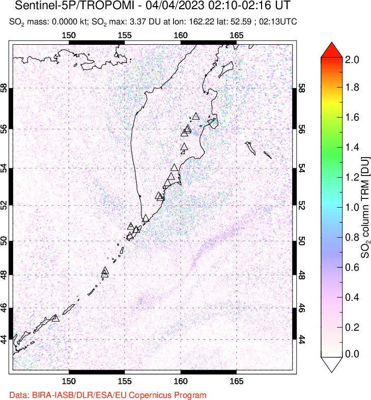 A sulfur dioxide image over Kamchatka, Russian Federation on Apr 04, 2023.