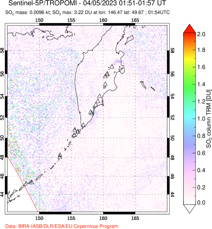 A sulfur dioxide image over Kamchatka, Russian Federation on Apr 05, 2023.