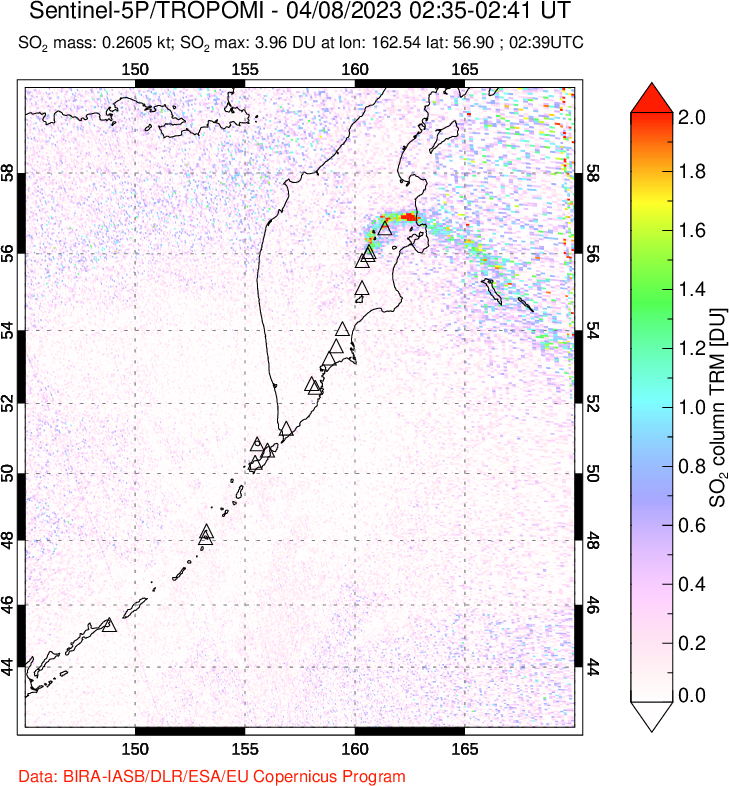 A sulfur dioxide image over Kamchatka, Russian Federation on Apr 08, 2023.