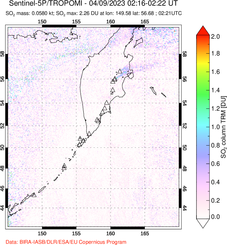 A sulfur dioxide image over Kamchatka, Russian Federation on Apr 09, 2023.