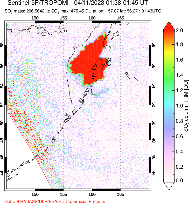 A sulfur dioxide image over Kamchatka, Russian Federation on Apr 11, 2023.
