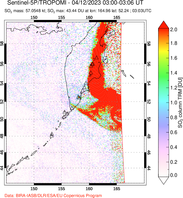 A sulfur dioxide image over Kamchatka, Russian Federation on Apr 12, 2023.