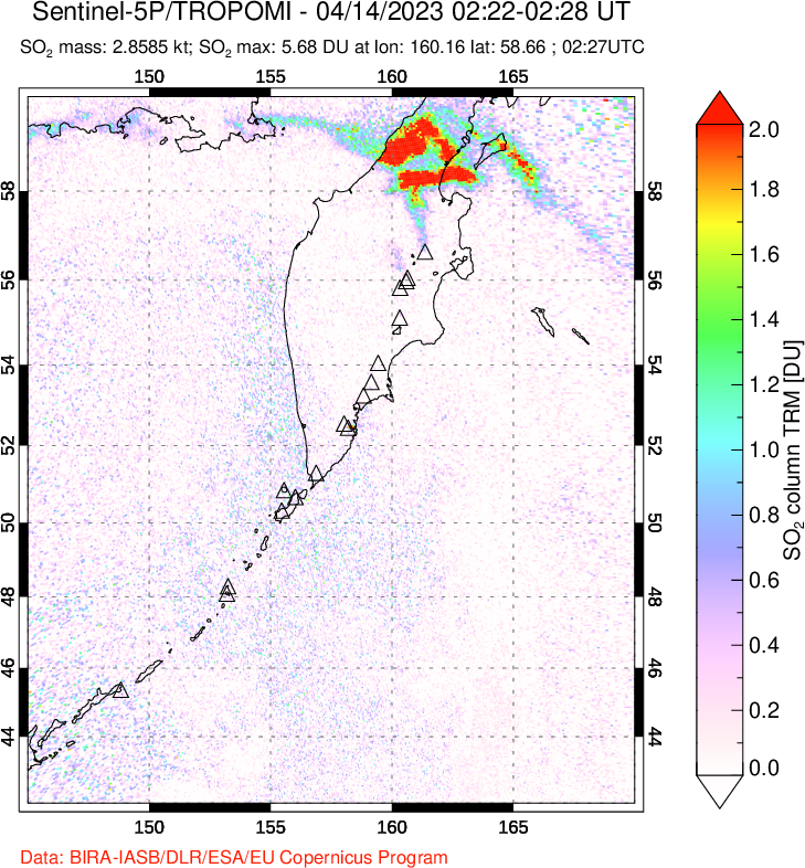 A sulfur dioxide image over Kamchatka, Russian Federation on Apr 14, 2023.