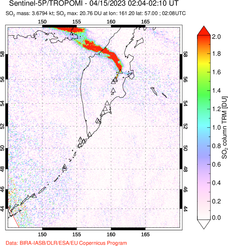 A sulfur dioxide image over Kamchatka, Russian Federation on Apr 15, 2023.
