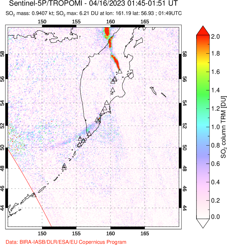 A sulfur dioxide image over Kamchatka, Russian Federation on Apr 16, 2023.