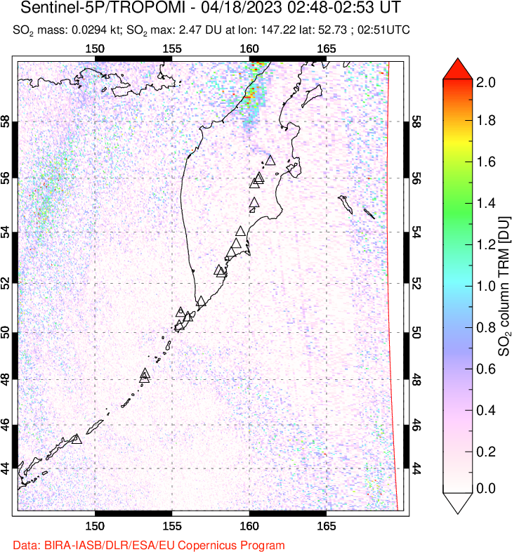 A sulfur dioxide image over Kamchatka, Russian Federation on Apr 18, 2023.