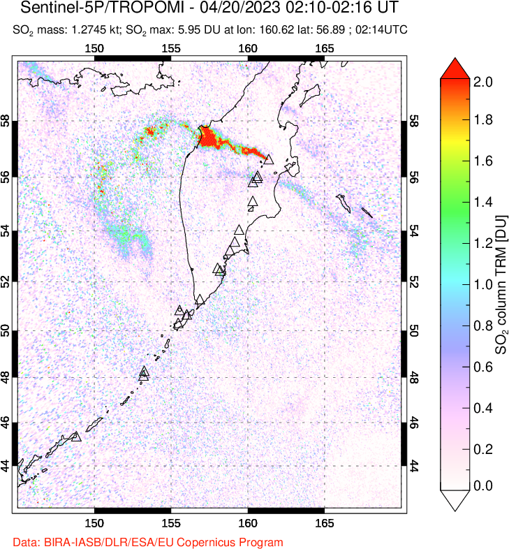 A sulfur dioxide image over Kamchatka, Russian Federation on Apr 20, 2023.